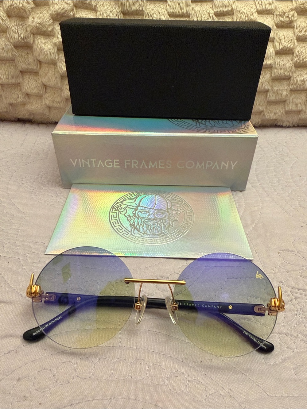 NEW Vintage Frames Company Round Rimless Sunglasses - 24Kt gold